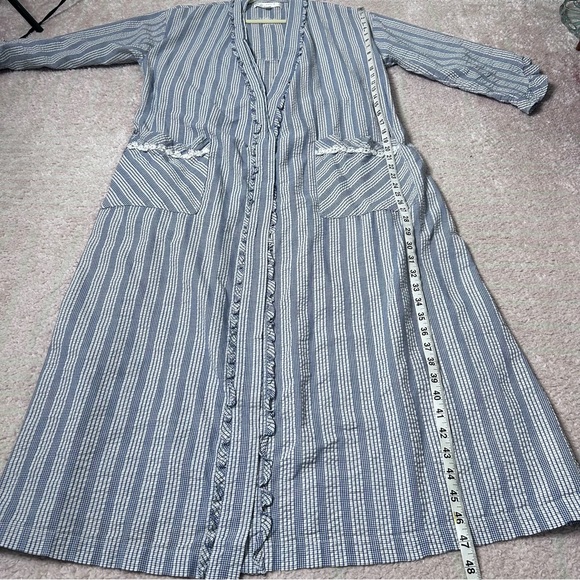 Eileen West Blue Off White Plaid Stripe Robe 3/4 Sleeves Size Small Medium - Picture 10 of 15